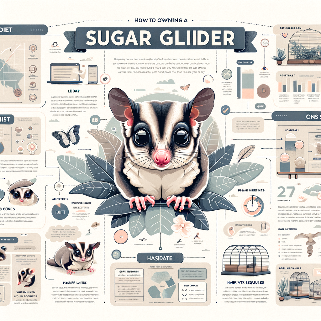 Comprehensive infographic on Sugar Glider care, diet, lifespan, health issues, behavior, and habitat requirements, highlighting the benefits and challenges of owning a Sugar Glider as a pet.