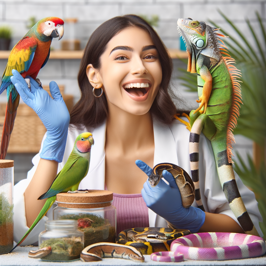 Joyful pet owner engaging in exotic pet care activities with various exotic pet species, illustrating the benefits, rewards, and maintenance involved in exotic pet ownership