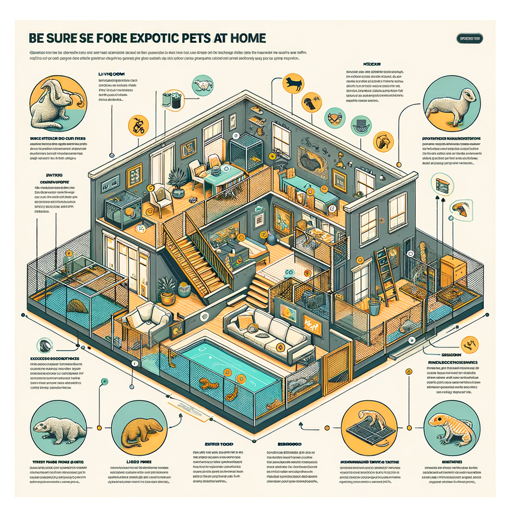 Infographic illustrating pet-proofing tips and home modifications for exotic pet safety, showcasing a safe environment setup, exotic animal care, and exotic pet habitat preparation for enhanced pet safety at home.