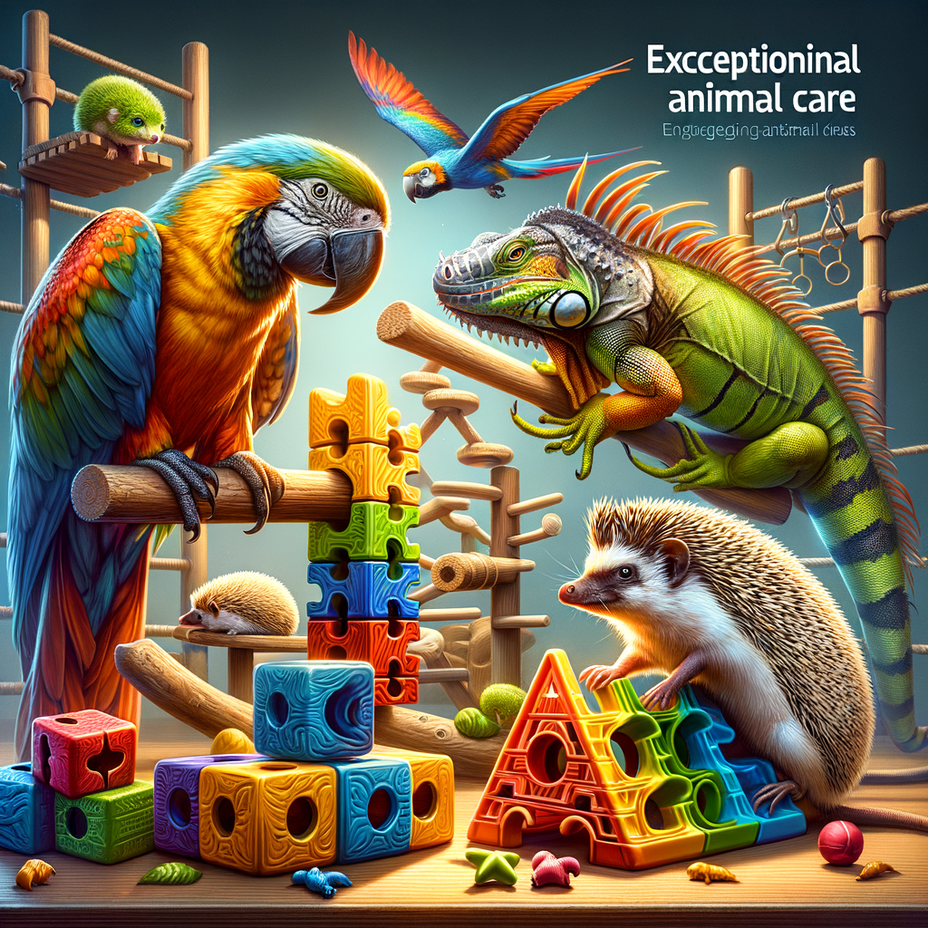 Exotic pets like parrots, iguanas, and hedgehogs engaging in unique pet activities for enrichment, showcasing fun exotic pet ideas and stimulating activities for exotic pet care.