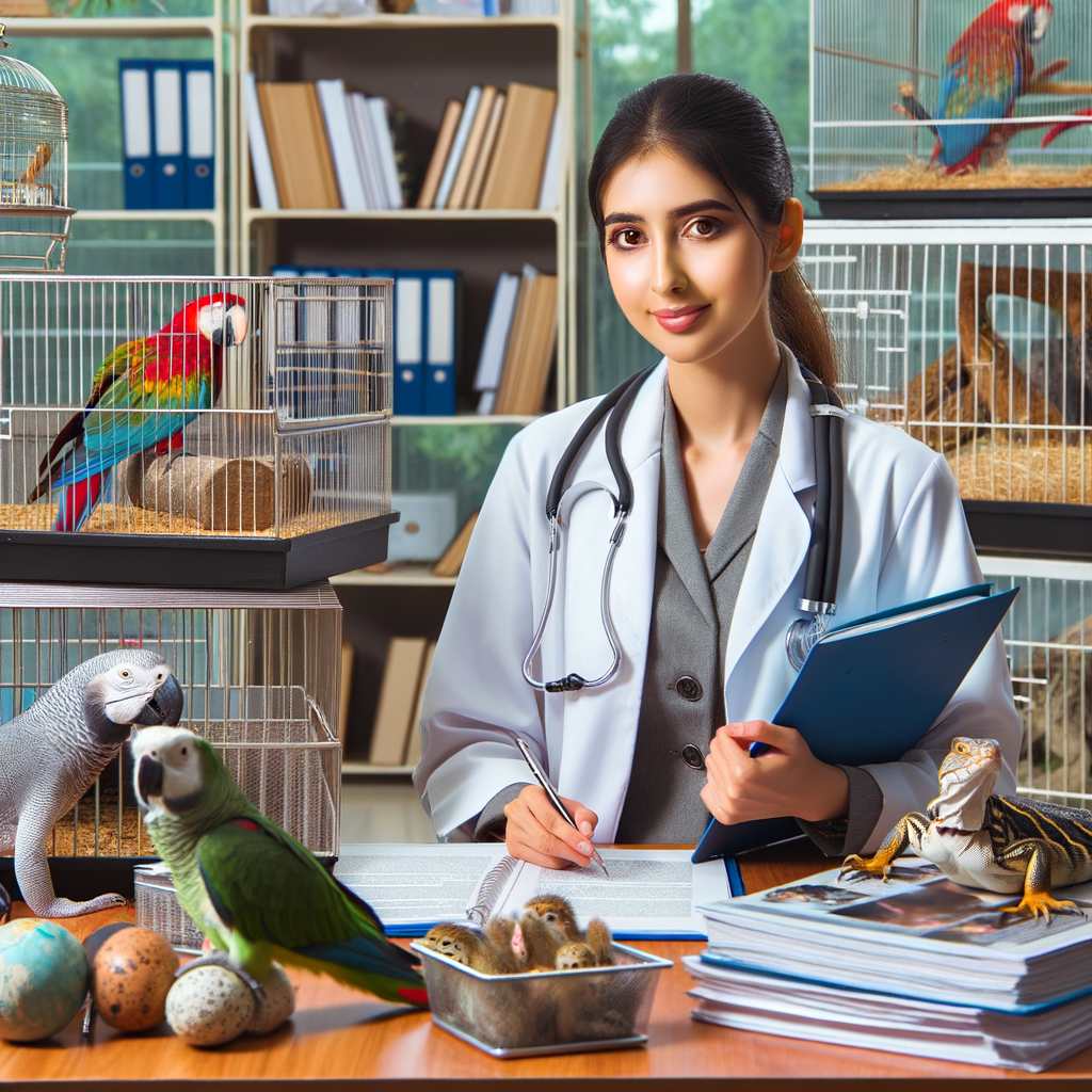 Experienced veterinarian offering expert advice on exotic pets care, surrounded by reliable exotic pet resources and guides, emphasizing the importance of exotic pet maintenance and health resources for responsible exotic pet ownership.
