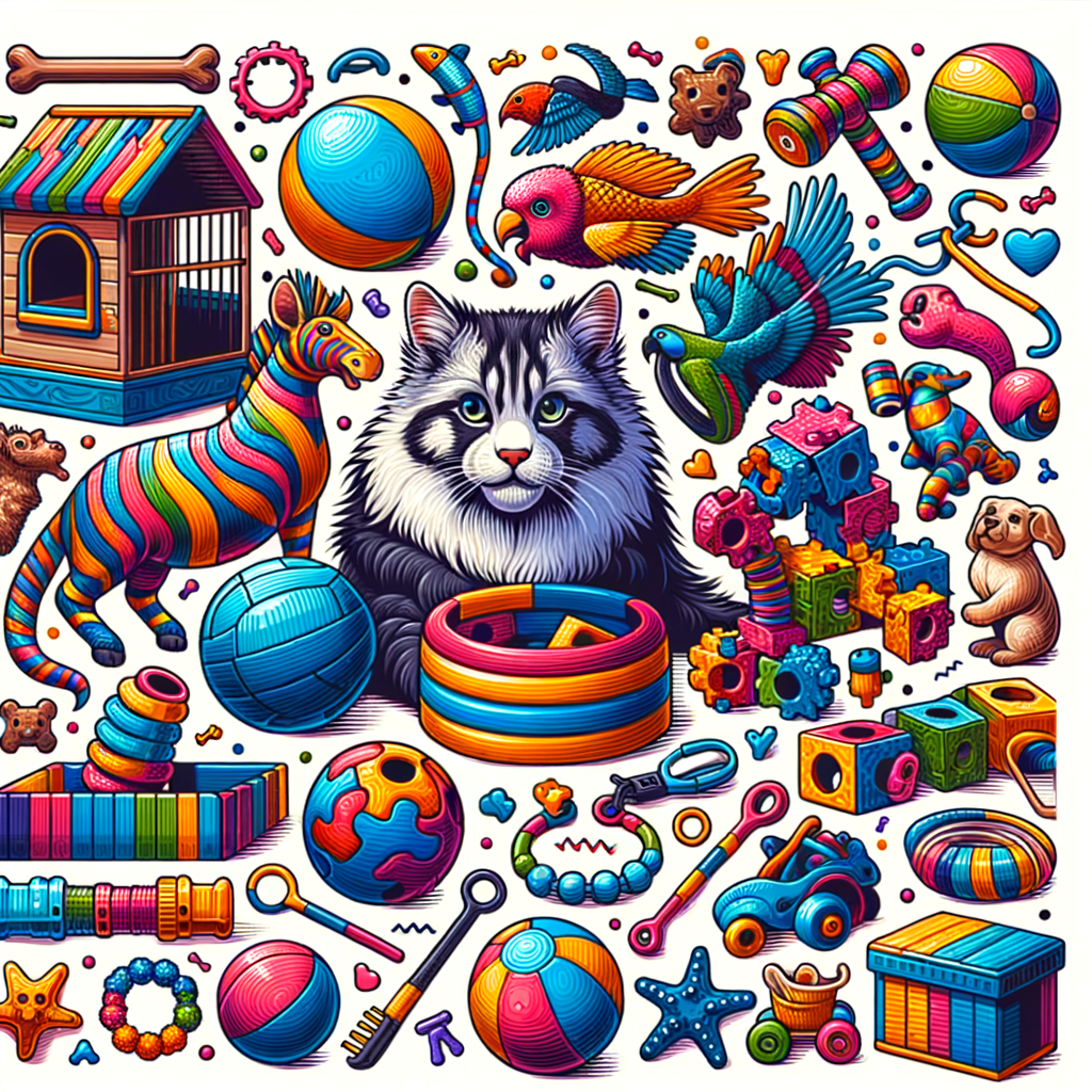 Assortment of unique pet toys, including interactive puzzles and stimulation toys, designed for enrichment and activity of exotic animals.