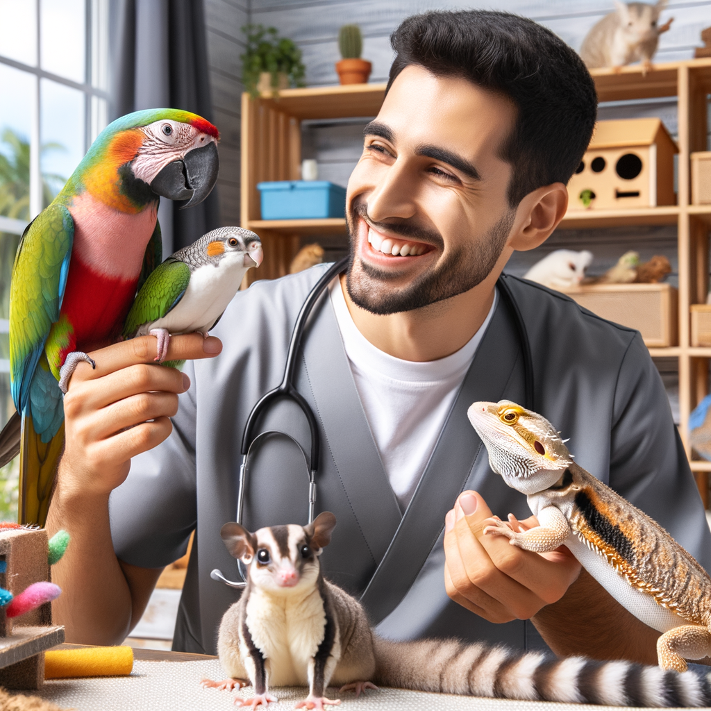 Professional trainer demonstrating exotic pet care and bonding activities with a parrot, sugar glider, and bearded dragon, showcasing pet interaction, exotic pet behavior, training techniques, and enrichment toys for exotic pet socialization and playtime.