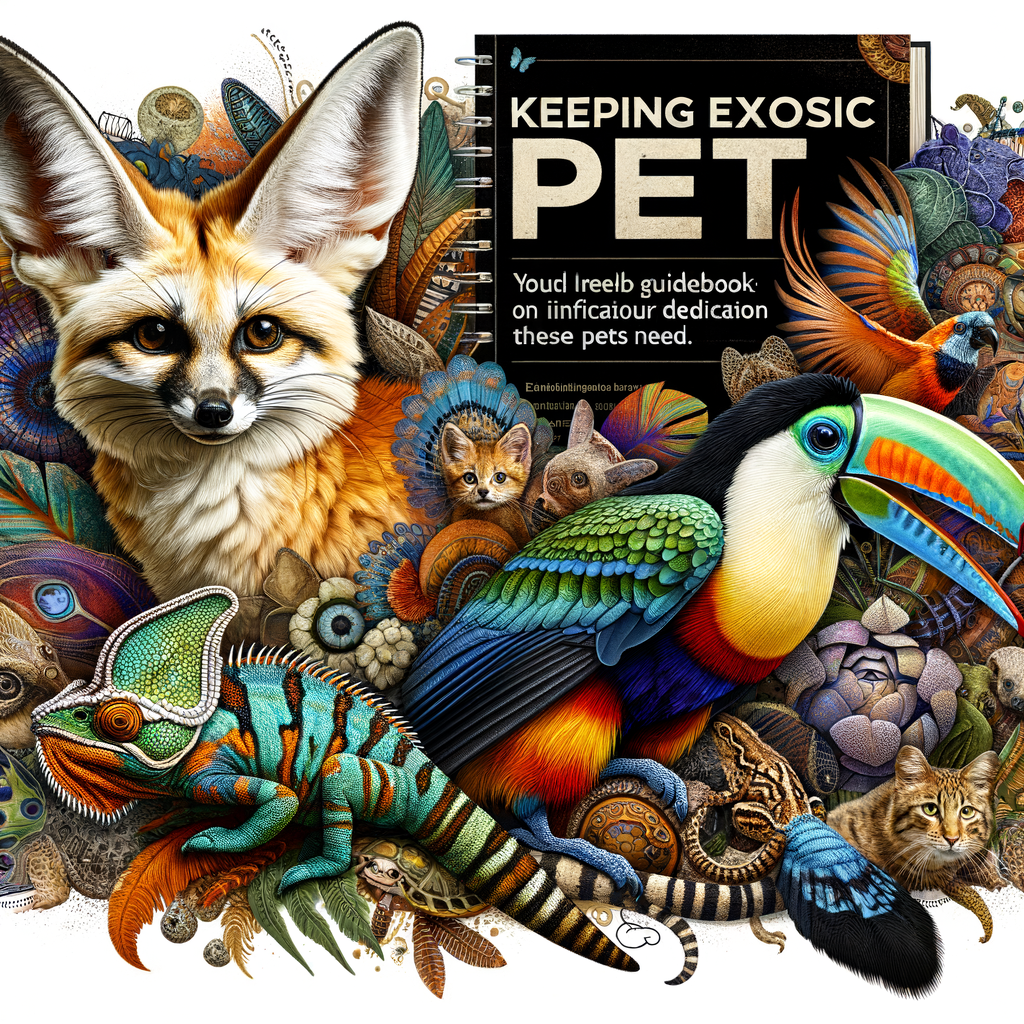 Vibrant collage of diverse exotic pet species including rare birds, unusual reptiles, and unique mammals, with a guidebook on keeping exotic pets, showcasing the diversity and different types of exotic animals.