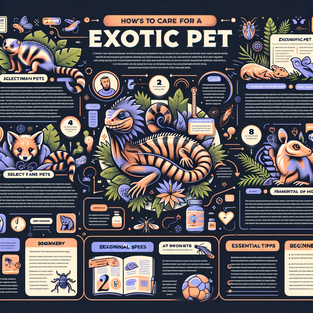 Infographic on Exotic Pets for Beginners, illustrating Exotic Pet Care, Ownership, and Maintenance, with a focus on Choosing an Exotic Pet and showcasing various Exotic Pet Species for novices.