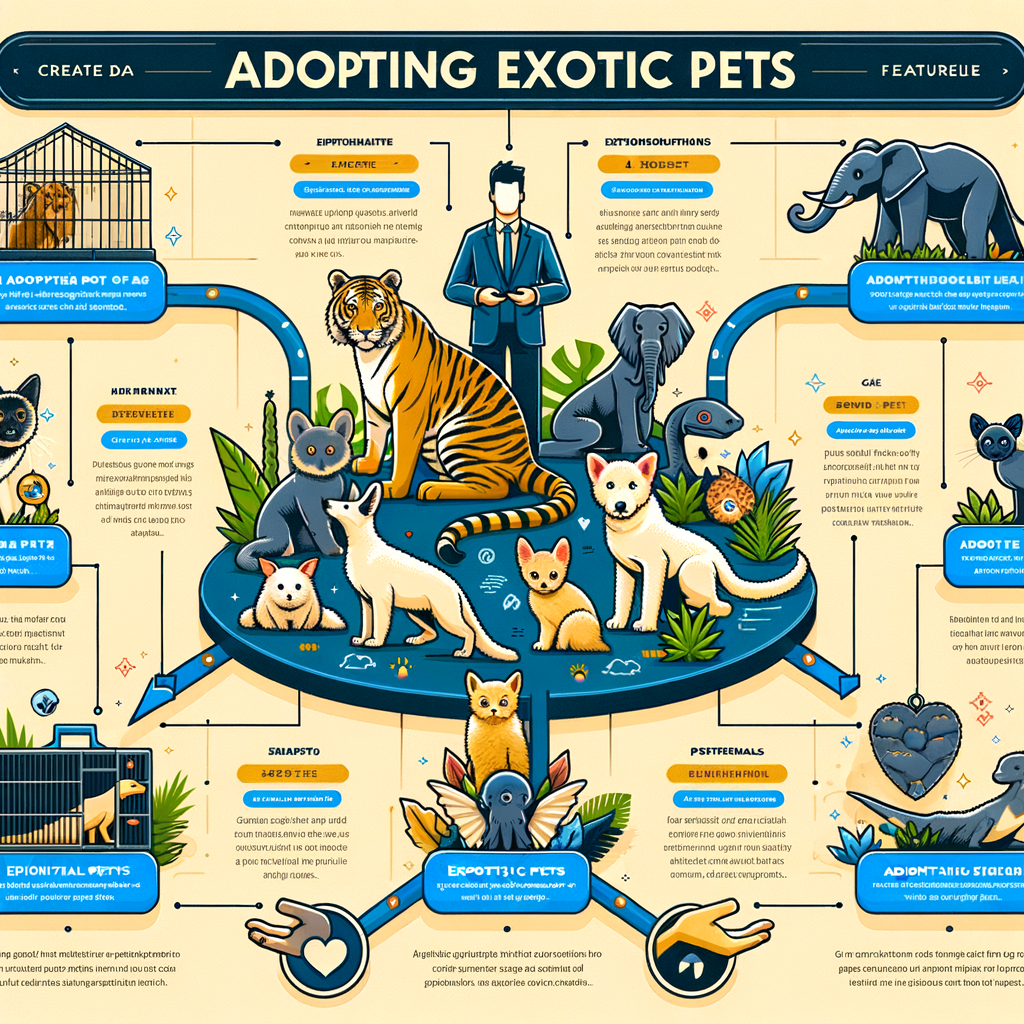 Infographic illustrating the exotic pet adoption process, tips for adopting exotic animals, and a guide to exotic pet care and ownership, featuring various exotic pets for adoption and a list of exotic pet adoption agencies.