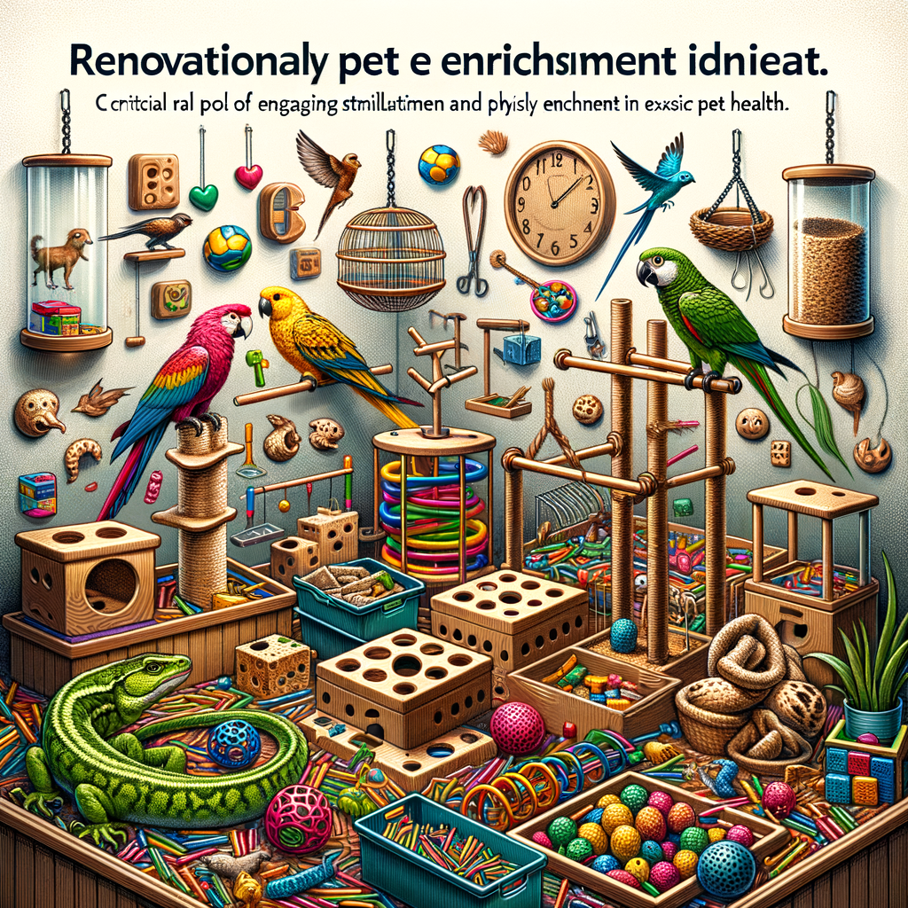 Variety of stimulating pet toys and enrichment activities for birds and reptiles, highlighting the importance of mental stimulation and physical enrichment for exotic pet health and behavior in exotic pet care.