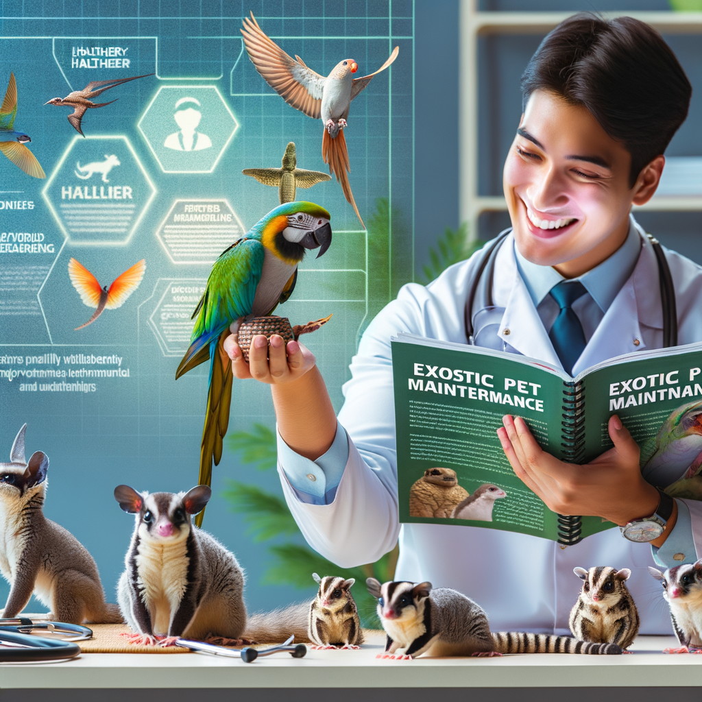 Veterinarian providing expert exotic pet care, highlighting the health benefits and unique joy of owning diverse exotic pet species with a guidebook on exotic pet maintenance in the background, emphasizing the advantages and mental health improvements of exotic pet ownership.