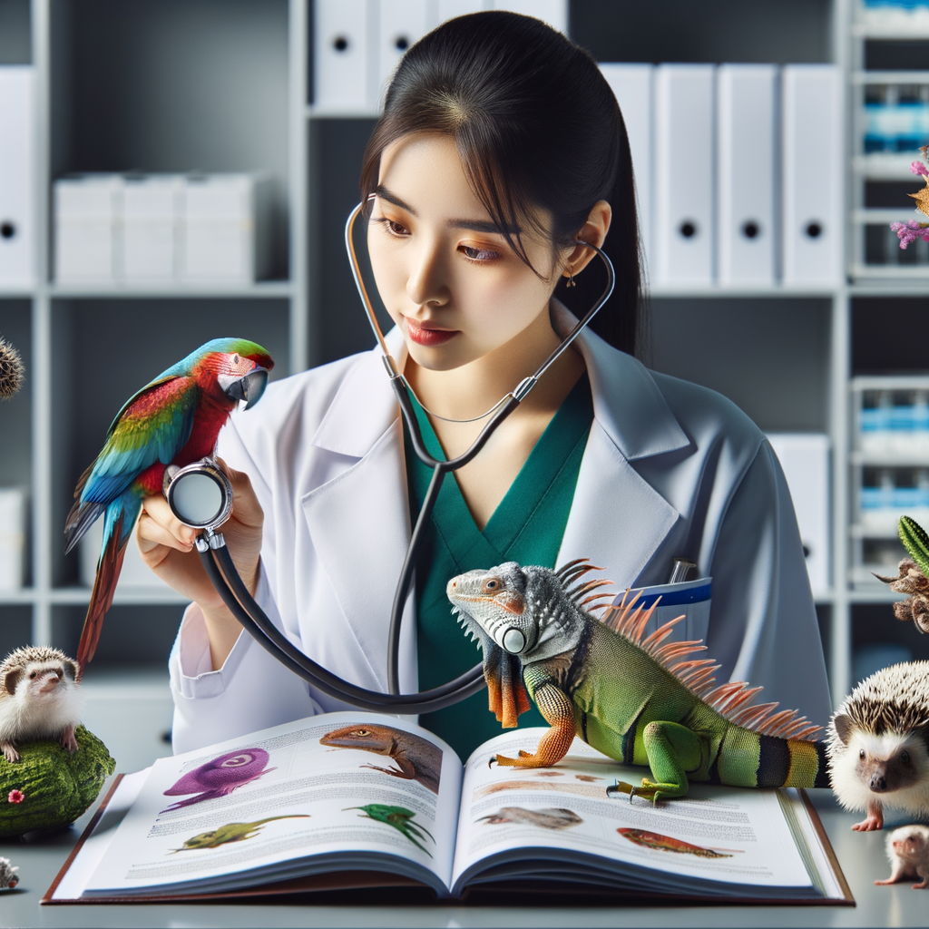 Veterinarian examining parrot, iguana, and hedgehog for common diseases in exotic pets, highlighting symptoms and treatments in a pet health guide for preventing health risks in exotic animals.