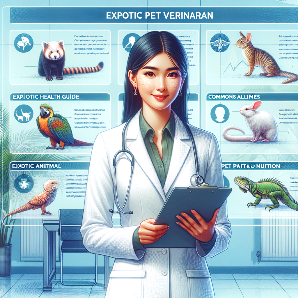 Veterinarian providing basic pet care in an exotic pet healthcare clinic, with a pet health guide, chart of exotic pet diseases, and exotic pet nutrition plan for comprehensive exotic pet wellness.