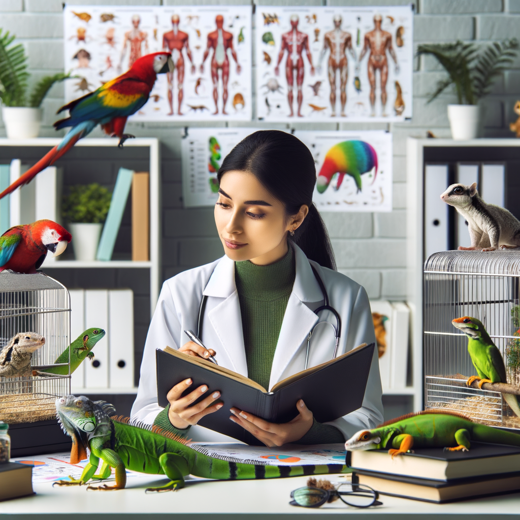 Professional animal behaviorist analyzing behavioral patterns of fascinating exotic pets like parrots, iguanas, and sugar gliders in a study room filled with charts and books on exotic pet care, training, and behavior problems for understanding exotic pet behavior better.