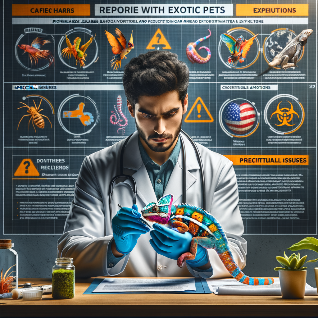 Veterinarian examining exotic pet in safe environment, with visible pet safety tips and exotic pet precautions, highlighting hazards, health risks, and safety measures for exotic pet care.