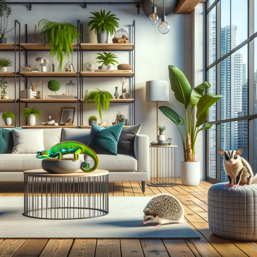 Apartment-friendly exotic pets like a chameleon, hedgehog, and sugar glider in a modern urban setting, showcasing the best small, low maintenance exotic pets suitable for apartment living.