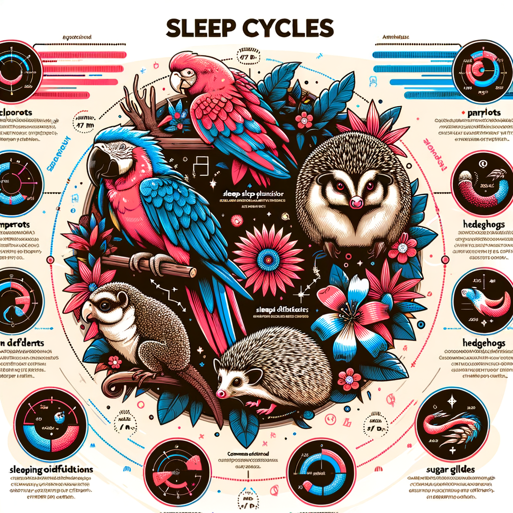 Infographic showcasing exotic pet sleep cycles, sleep patterns in animals like parrots, hedgehogs, sugar gliders, and elements of exotic pet care, sleep requirements, sleep disorders, and ideal sleep environment for exotic pets.