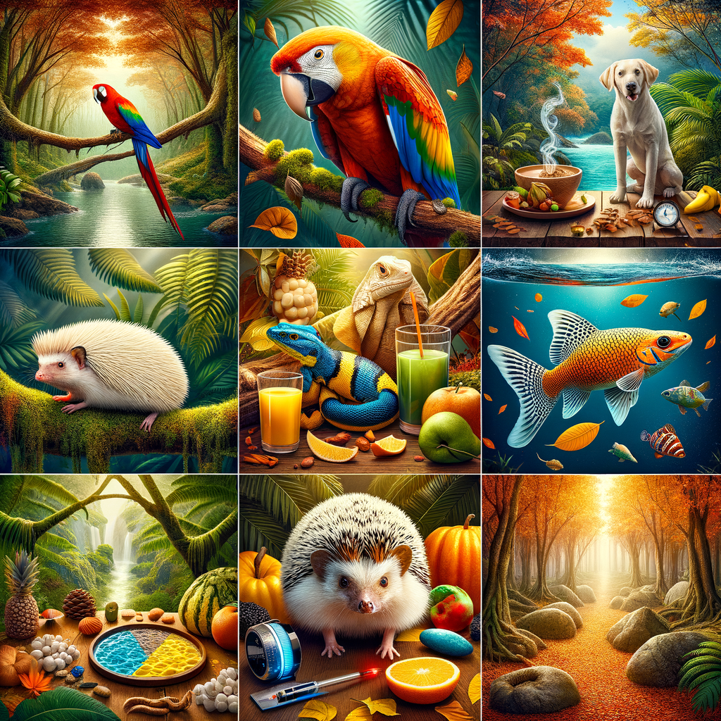 Collage of top exotic pets in their unique habitats, highlighting the special features, care requirements, and benefits of owning such rare and unique pet species.