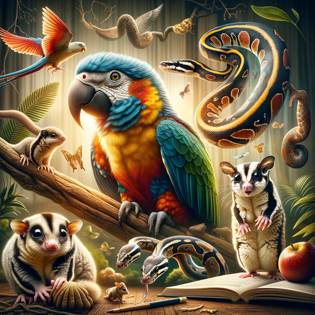 Exotic Pet Species Spotlight featuring a vibrant parrot, a slithering snake, and a playful sugar glider, emphasizing the importance of Learning About Exotic Pets, Understanding Exotic Pets, and Exotic Animal Care.