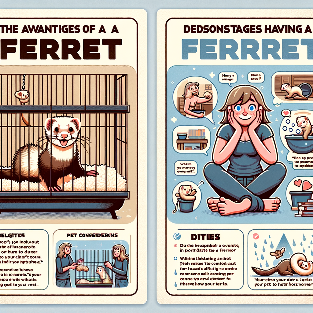Infographic detailing the pros and cons of ferret ownership, highlighting the benefits and drawbacks of owning a ferret, with a focus on ferret care and a guide for potential ferret owners.