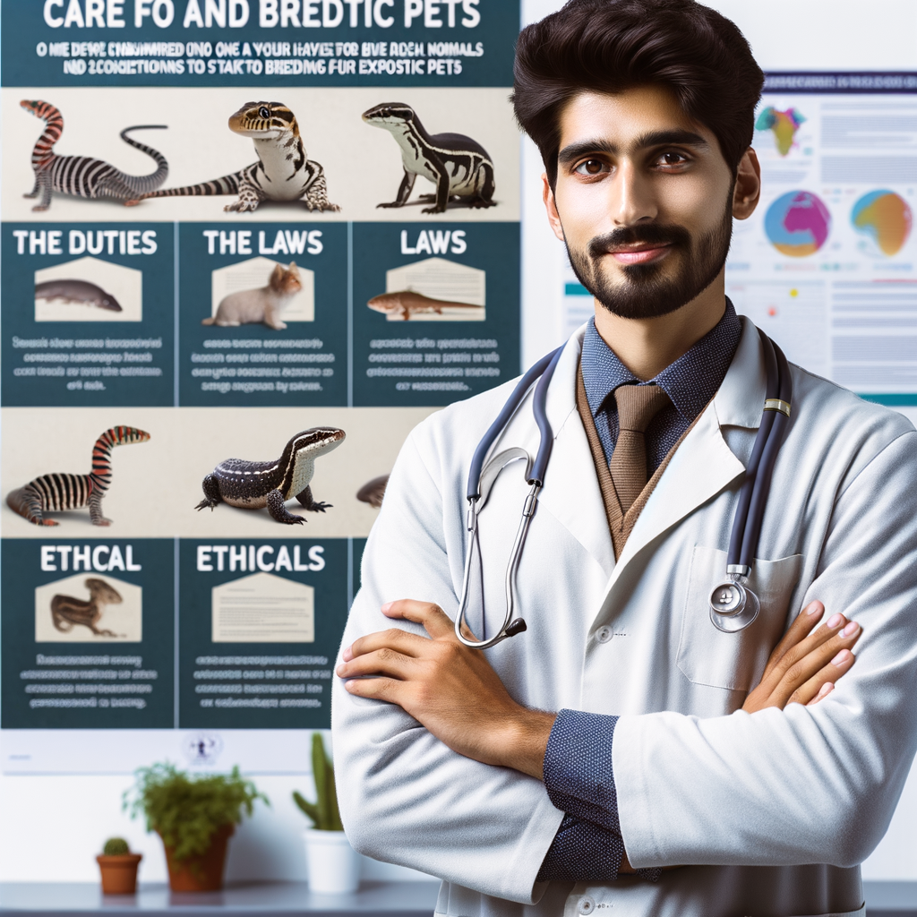 Veterinarian providing expert advice on exotic pet care and breeding guidelines, emphasizing responsible pet ownership, ethics, and laws in a well-equipped clinic.