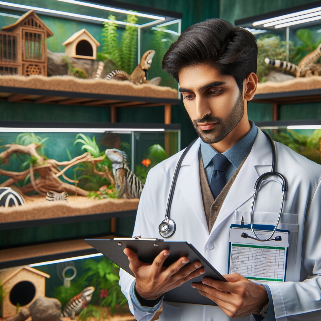 Veterinarian conducting habitat inspection for exotic pets, emphasizing on exotic pet care and habitat maintenance using an exotic pet habitat checklist