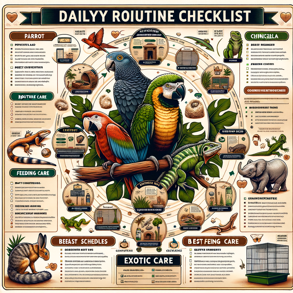 Infographic detailing daily routine checklist for exotic pet care, highlighting maintenance, care tips, and daily needs for various exotic animals as part of an exotic pet care guide.
